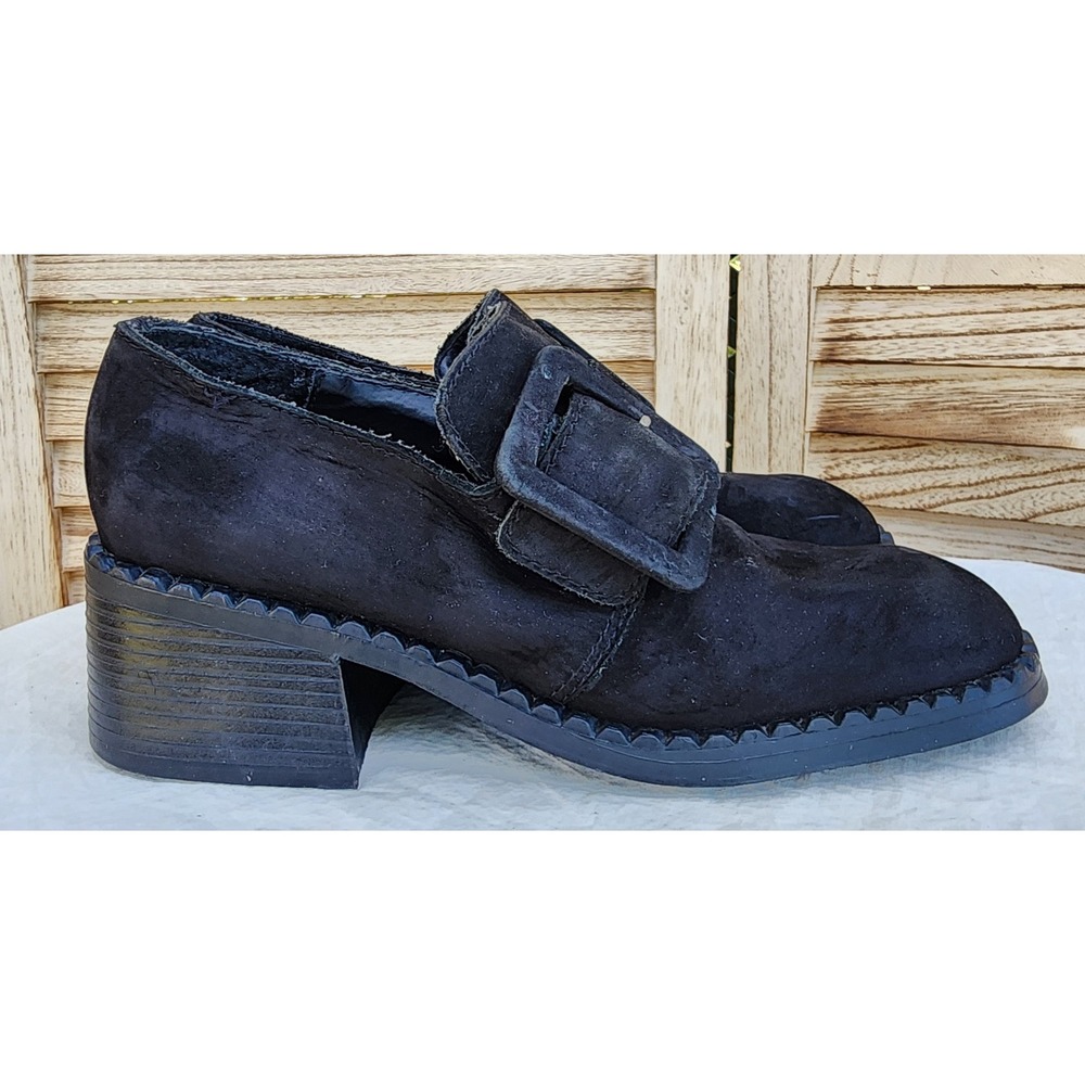 Transit Sz 8.5 Black Leather Chunky Y2K Buckle Loafer Shoes Early 2000s Academia